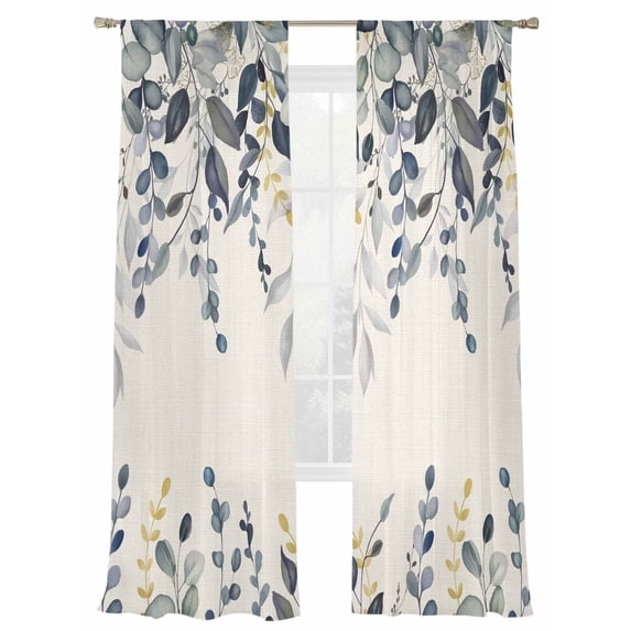 Blue Eucalyptus Leaf Sheer Curtains 2 Panels Set Spring Country Farmhouse Plants Leaves Linen Sheer Window Curtains Light Filtering Rod Pocket Voile Drapes for Bedroom Living Room 52"X96"