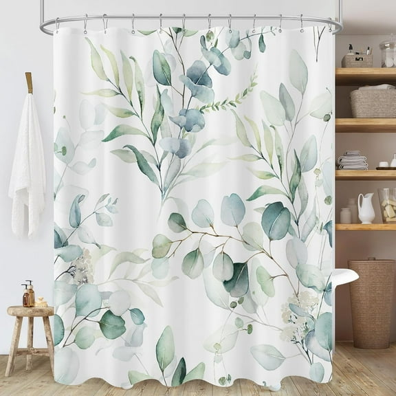 Blue Eucalyptus Leaf Shower Curtain, Blue and Green Watercolor Plant Shower Curtain, Trendy Waterproof Modern Floral Decorative Botanical Bathroom Decor, 84x84 Inch