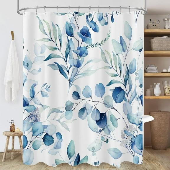 Blue Eucalyptus Leaf Shower Curtain, Blue and Green Watercolor Plant Shower Curtain, Trendy Waterproof Modern Floral Decorative Botanical Bathroom Decor, 84x84 Inch