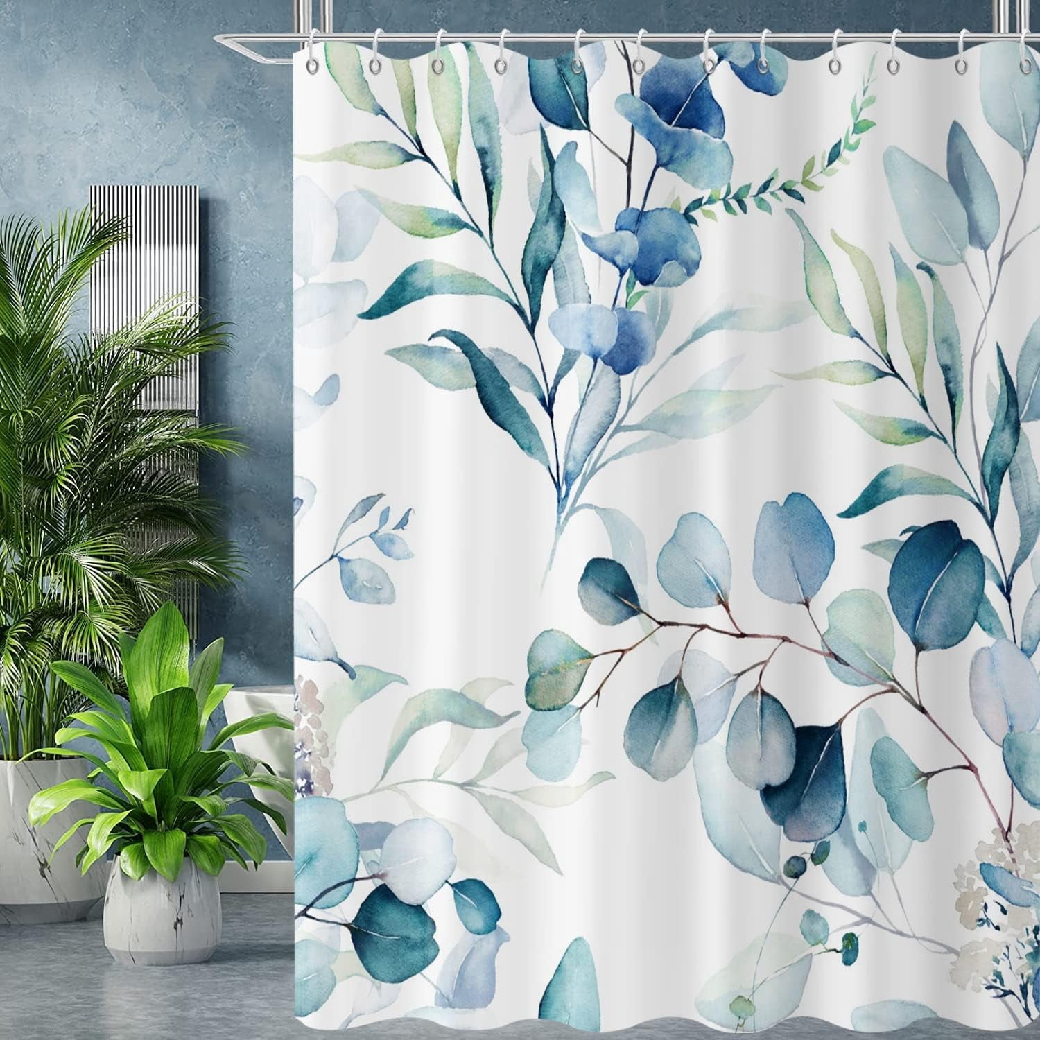 Blue Eucalyptus Leaf Stall Shower Curtain, Blue Botanical Watercolor Plants Bathroom Curtain Bathtub Home Decor Waterproof Fabric Machine Washable with 6PCS Hooks,36" Wx72 L