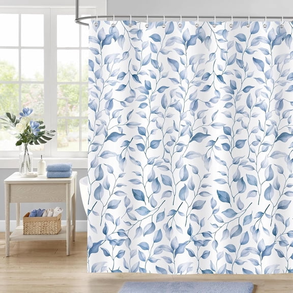 Blue Eucalyptus Leaf Waterproof Shower Curtain Floral Watercolor Shower Curtain for Bathroom Decor Botanical Plant Waterproof Fabric with Hooks 70"W x 72"L (Pack of 1)