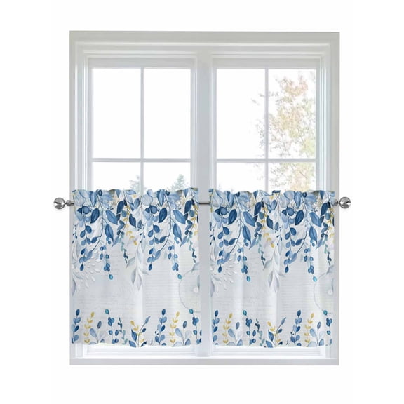 Blue Eucalyptus Leaves 2 Panel Kitchen Curtains for Small Windows, Watercolor Botanical Weeping Leaf Bathroom Tier Curtain, Short Window Treatment for Bedroom/Living Room 55"x24"