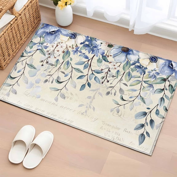 Blue Eucalyptus Leaves 2x3 Door Mat Rug, Farmhouse Retro Botanical Floral Non-Skid Rubber Backing Large Rectangle Rugs - Living Room Bedroom Home Office, Indoor Floor Mat Carpets Washable Rug