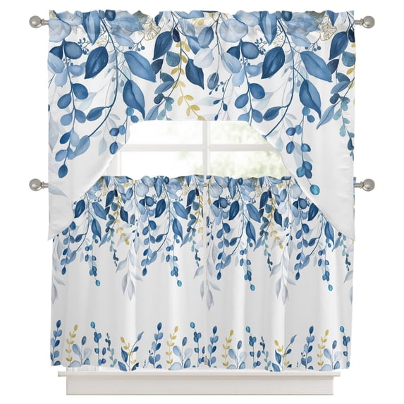 Blue Eucalyptus Leaves 3 Pieces Swag Kitchen Curtains Set, Farmhouse Botanical Watercolor Valance Swag & Small Window Tier Curtain 24 Inches Long, 56" x 36" Valance Topper Drapes for Cafe/Bedroom