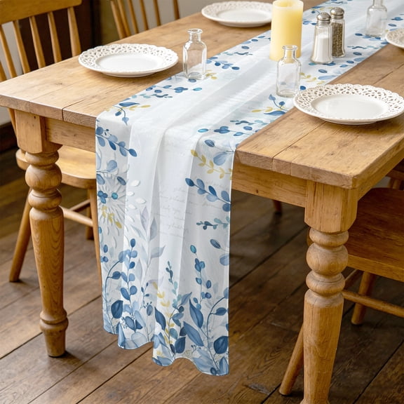 Blue Eucalyptus Leaves 4.5ft Cheesecloth Table Runner for Dining 19"x55", Farm Plants Paper Texture Kitchen Dinner Sheer Tulle Chiffon Dresser Scarf, Holiday Party Decorations