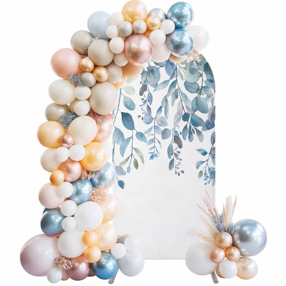 Blue Eucalyptus Leaves Arch Backdrop Cover 5Ft, Wedding Arch Covers Stretchy Backdrop, Watercolor Botanical Weeping Fitted 2 Sided Arched Photo Background for Birthday Party Decorations