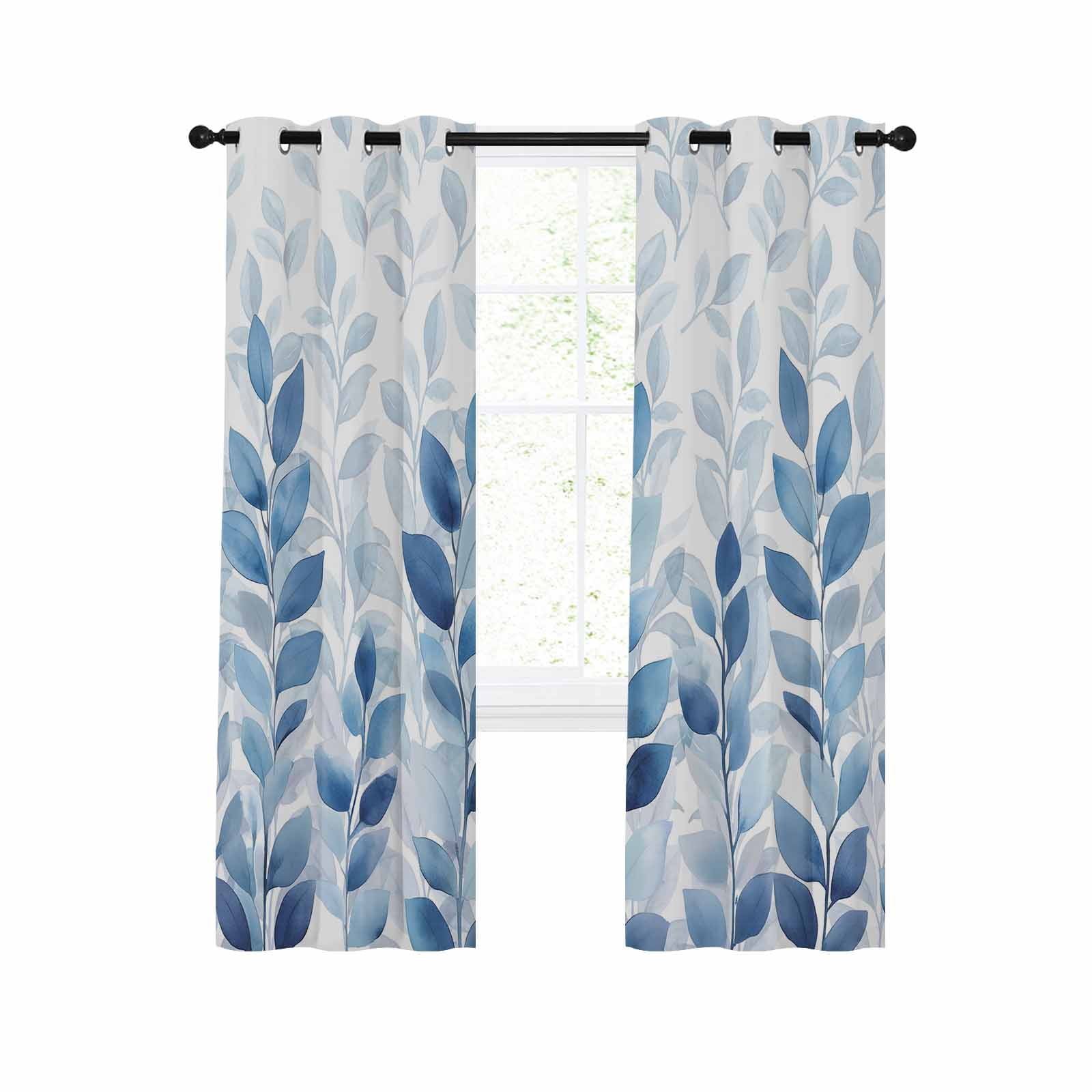Blue Eucalyptus Leaves Blackout Curtains 63 Inches Long for Bedroom ...