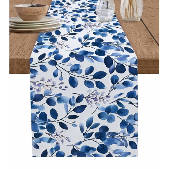 Blue Eucalyptus Leaves Burlap Cotton Table Runner 13x60 Inches Long, Spring Botanical Branches Farmhouse Table Runners, Outdoor Dining Tablecloths Decor for Baby Shower/Party/Wedding