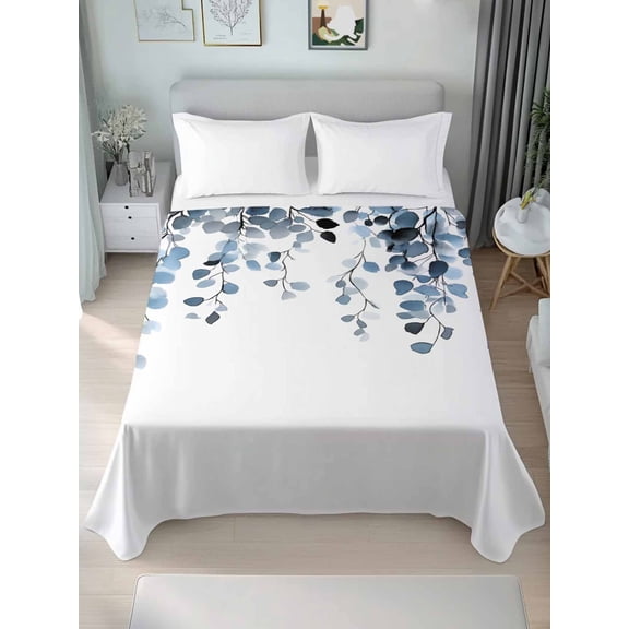 Blue Eucalyptus Leaves California King Size Flat Sheet, Wrinkleproof & Fadeproof Cooling Flat Bed Sheet Only, Summer Farmhouse Botanical Breathable Soft Bedding Top Sheets 108 x 98 Inches