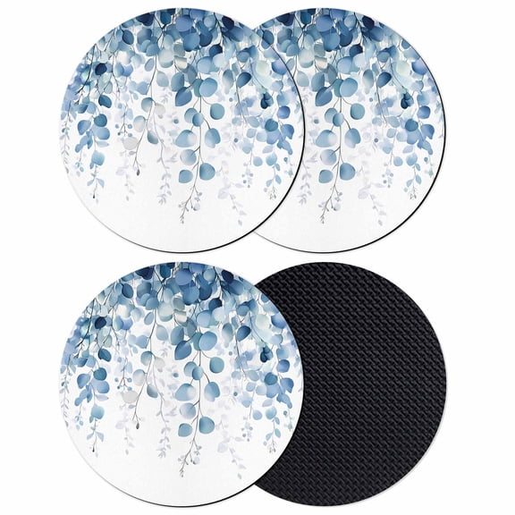 Blue Eucalyptus Leaves Coasters Set of 4, Soft Absorbent Coasters for Drinks, Summer Botanical Weeping Non-Slip Cup Coaster Mat with Rubber Bottom for Home Kitchen Desk Coffee Bar Table Decor 4"