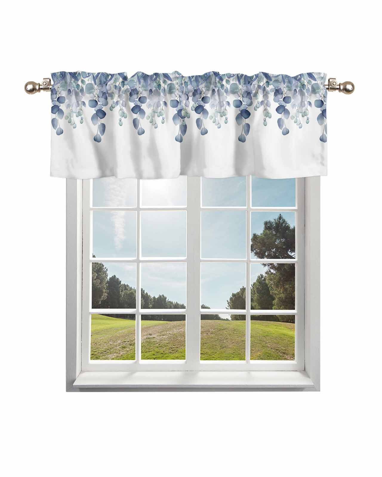 Blue Eucalyptus Leaves Curtain Valances for Window, Farmhouse Window