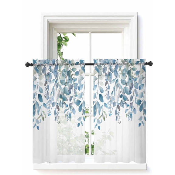 Blue Eucalyptus Leaves Curtains 45 Inch Length, Sheer Curtains for Bedroom Living Room Window Watercolor Botanical Weeping Rod Pocket Voile Drapes Kitchen Curtains Small Half Window 52"x45" 2 Panels