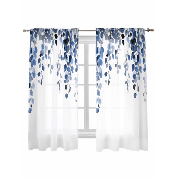 Blue Eucalyptus Leaves Curtains 63 Inch Length,Sheer Curtains for Bedroom Living Room Window Weeping Spring Botanical Summer Rod Pocket Drapes Kitchen Curtains Small Half Window 42"x63" 2 Panels