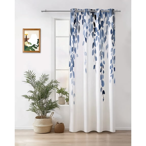 Blue Eucalyptus Leaves Curtains 96 inches Long for Living Room Bedroom Watercolor Retro Leaf Sliding Door Sheer Curtains Light Filtering Curtain 1 Panel Grommet Window Drape