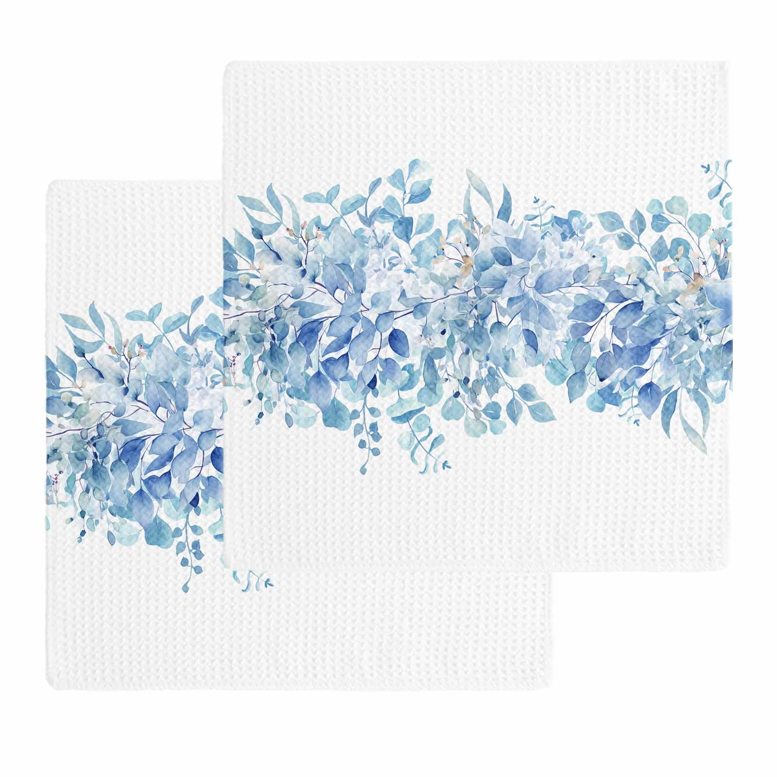 Blue Eucalyptus Leaves Dish Towels Set, Waffle Weave Kitchen Towels 2 Pieces, Spring Summer Botanical Floral Microfiber Hair Face Bath Tea Towel Absorbent Quick Drying Cleaning Dish Cloths 12"x12"