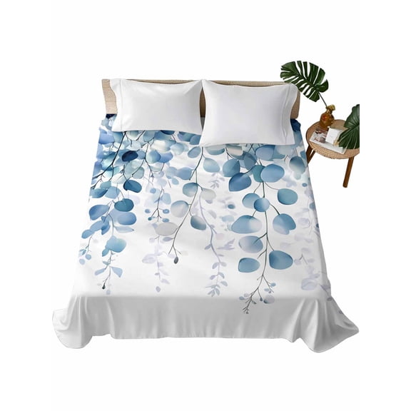Blue Eucalyptus Leaves Flat Sheet Only Twin Size, Soft Breathable Bed Top Sheets for Mattress, Summer Botanical Weeping Luxury Bedding Flat Sheets for Home Hotel Bedroom Bed Protection