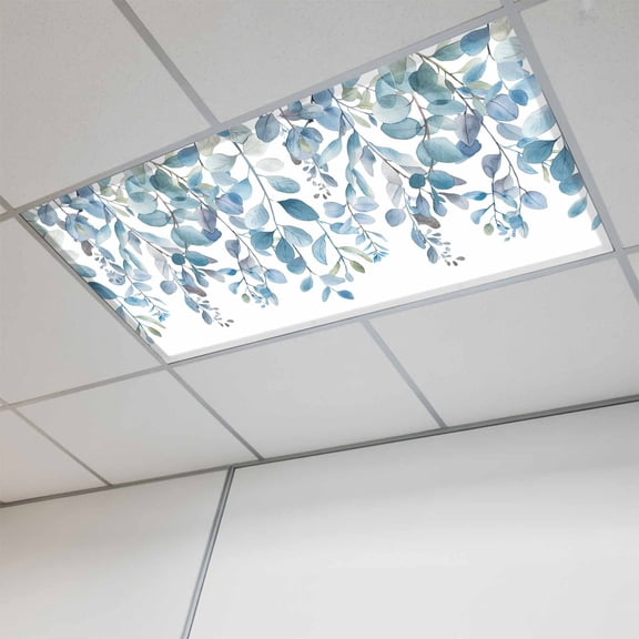 Blue Eucalyptus Leaves Fluorescent Light Covers, Watercolor Botanical Weeping Magnetic Light Covers for Ceiling Lights, Fluorescent Ceiling Shade Filters for Classroom Bedroom Office 4x2Ft x 1PCS