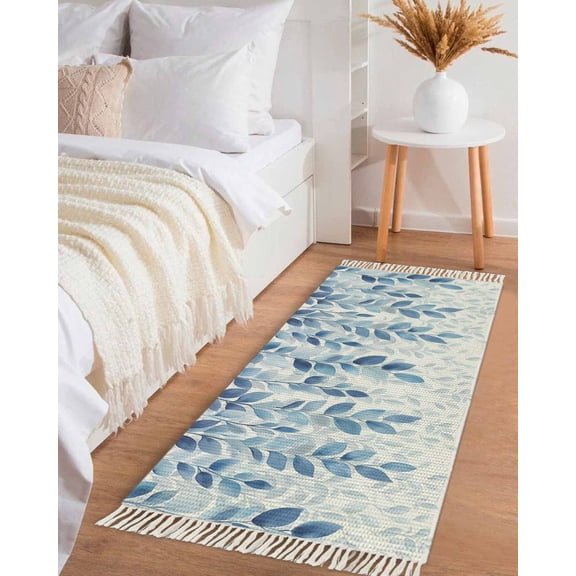 Blue Eucalyptus Leaves Hallway Runner Rug 2x5ft,Farmhouse Botanical Plants Floral Washable Woven Living Room Bedroom Kitchen Bathroom Carpet with Tassels,Indoor Outdoor Throw Door Mat for Entryway