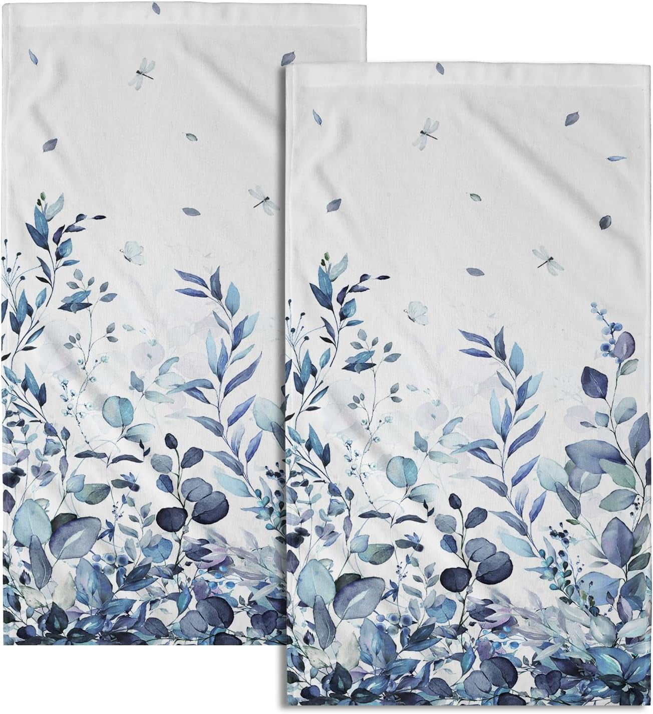 Blue Eucalyptus Leaves Hand Towels Set of 2, Botanical Leaf Floral Face Towel 28X14 inch, Quick Dry Ultra Absorbent Soft Washcloths for Kitchen Bathroom Yoga Workout Gym
