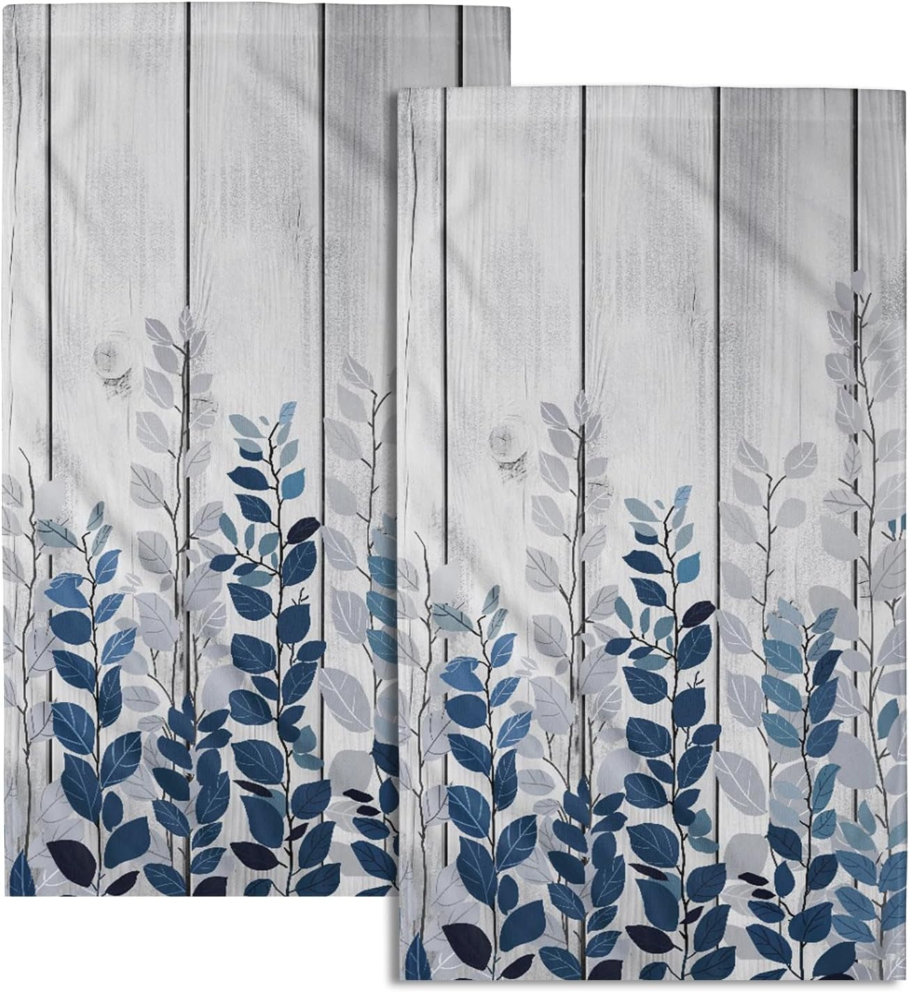 Blue Eucalyptus Leaves Hand Towels Set of 2 Rustic Wood Soft Guest Bath