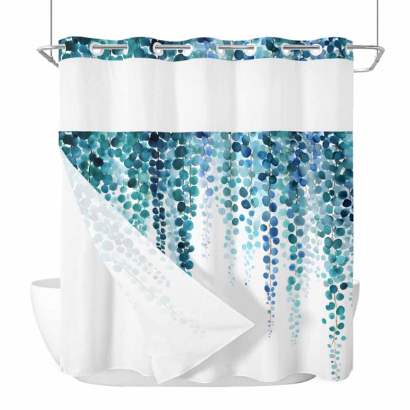 Blue Eucalyptus Leaves No Hook Shower Curtain with Snap in Liner Summer Watercolor Plants Waterproof Bathroom Shower Curtain with See Through Top Window for Bathtub 72" x 72"