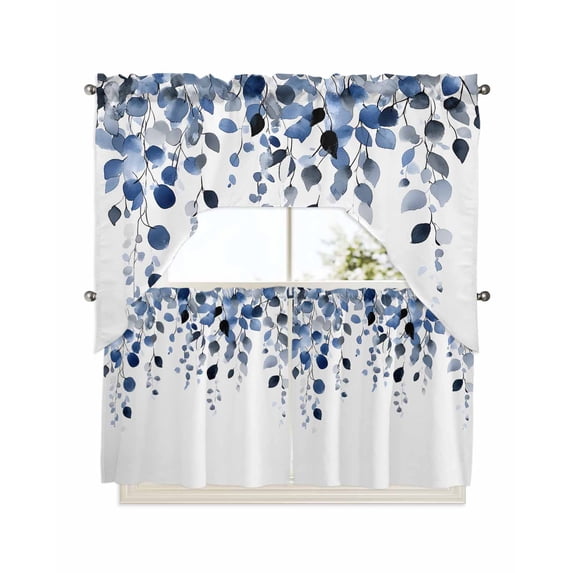 Blue Eucalyptus Leaves Kitchen Curtain and Valance Set 3 Pieces,Rod Pocket Short Tier Curtains 24 Inch Length,Summer Botanical Watercolor Swag Topper Small Window Treatment for Cafe Bathroom Bedroom