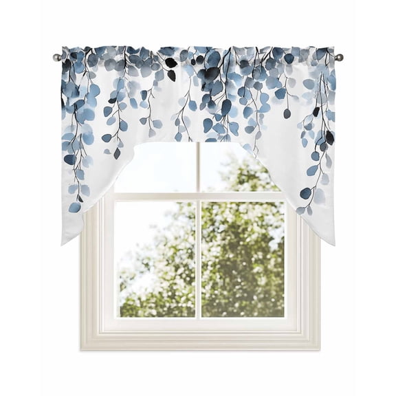 Blue Eucalyptus Leaves Kitchen Curtains Swag Valance for Windows/Bathroom/Cafe, Summer Farmhouse Botanical Rod Pocket Drape Panel Swag Curtains Valance for Bedroom/Living Room 56"x36"
