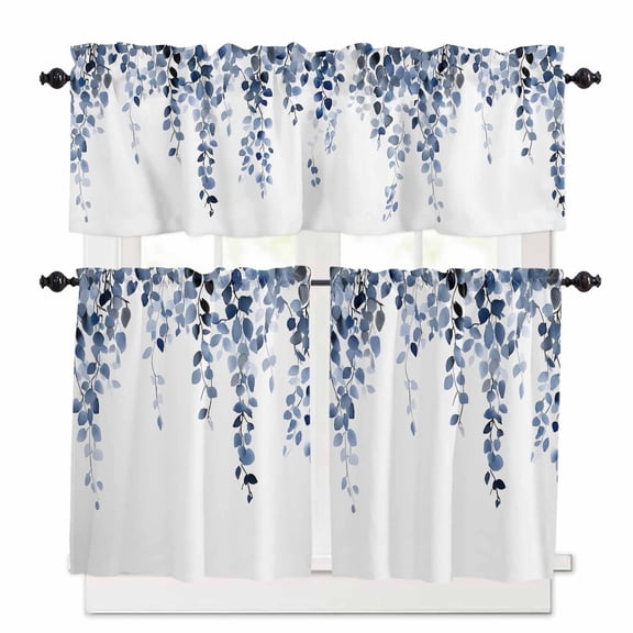 Blue Eucalyptus Leaves Kitchen Curtains Valances and Tiers Set of 3, 24 Inch Length Tier Curtains and Valance Rod Pocket Valance Curtains Set for Kitchen Bathroom Small Windows