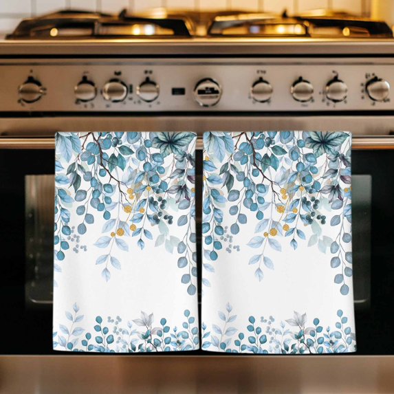 Blue Eucalyptus Leaves Kitchen Towels Set of 2, Farmhouse Watercolor Floral Absorbent Dish Towels for Kitchen, Microfiber Hand Towel, Quick Drying Tea Towel for Cleaning Decorative Dishcloths
