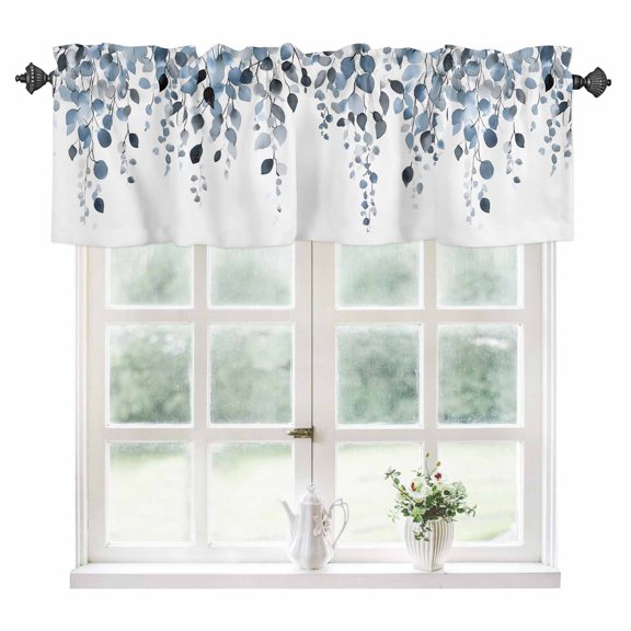 Blue Eucalyptus Leaves Kitchen Valances for Windows 42x12 Inch Kitchen Curtains Valances Rod Pocket Watercolor Summer Leaf Bathroom Window Valances for Window Treatment Decor
