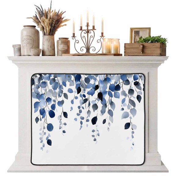 Blue Eucalyptus Leaves Magnetic Fireplace Cover, Fireplace Draft Blocker, Summer Botanical Watercolor Fireplaces Blanket for Heat Loss/Cold Air, Fireplaces Draft Stopper Cover for Inside 45"x34"