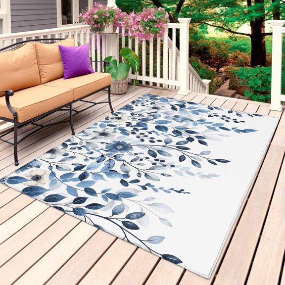 Blue Eucalyptus Leaves Outdoor Rug 4x6 Ft, Non Slip Washable Area Rug, Fall Botanical Autumn Floral Patio Rugs Carpet Runner, Large Floor Mat for Indoor/Outdoor Deck Porch Camping