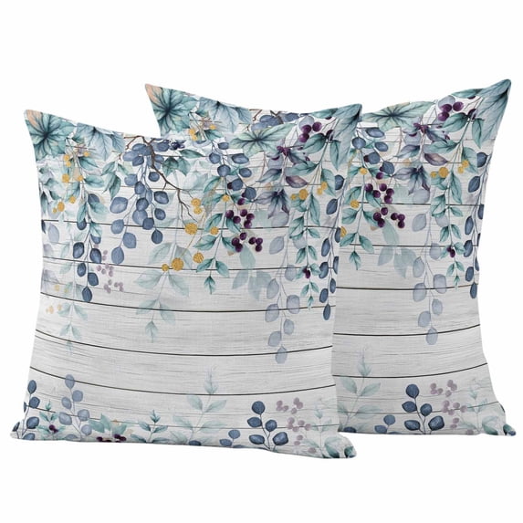 Blue Eucalyptus Leaves Outdoor Waterproof Pillow Covers, Summer Botanical Wooden Weeping Decorative Square Throw Pillowcase Sofa Cushion Sham for Patio/Couch/Chair, 18"x18" 2 Pack