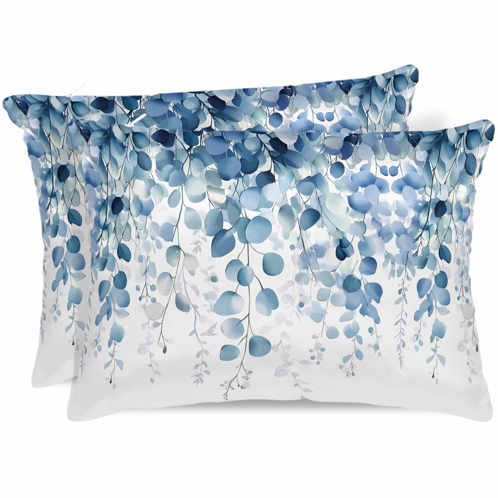 Blue Eucalyptus Leaves Pillow Cases King Size Set of 2, Smooth Satin Pillowcase for Hair and Skin, Summer Botanical Weeping Decorative Cooling Bed Pillow Covers with Zipper, 20x36 Inches