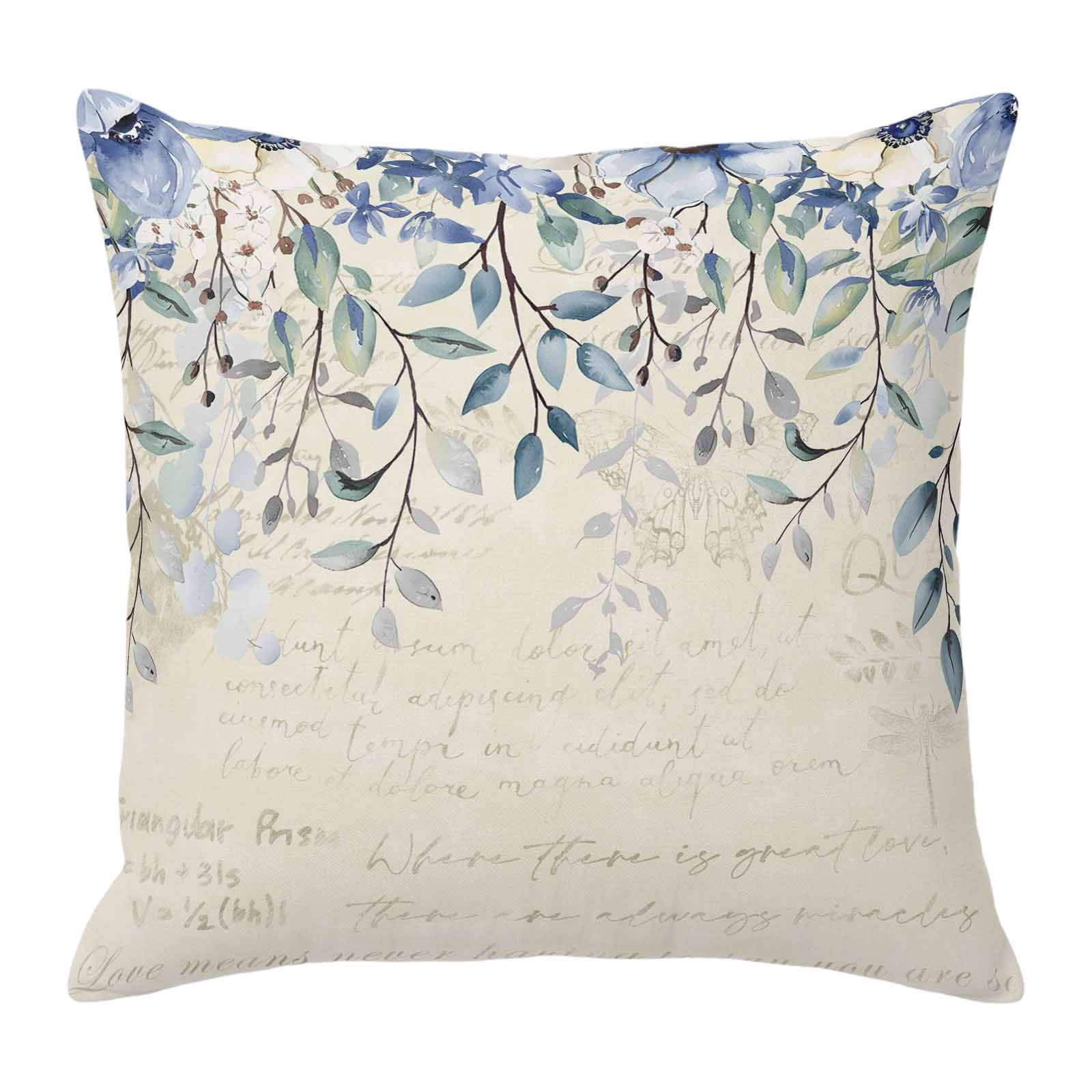Blue Eucalyptus Leaves Pillow Covers 16x16 Inch, Farmhouse Retro Botanical Floral Linen Pillowcase with Invisible Zipper, Decorative Throw Pillow Covers Cushion Case for Couch Sofa Bed Living Room