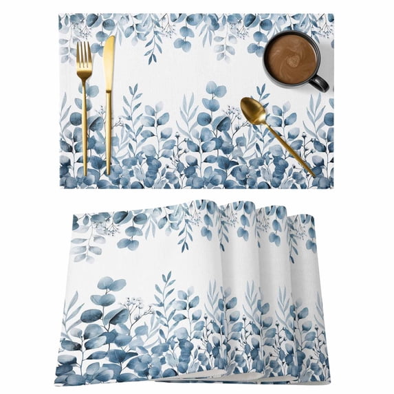 Blue Eucalyptus Leaves Placemats Set of 12, Watercolor Spring Summer Botanical Placemats for Dining Table, Place Mats for Kitchen Tabletop, Waterproof Wipeable Dining Table Mats Set
