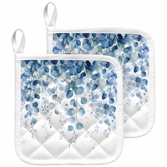 Blue Eucalyptus Leaves Pot Holders for Kitchen Heatproof Potholder, 2 Pack Summer Botanical Weeping Hot Pads Multipurpose Oven Pads Cloth Potholders Trivet for Cooking and Baking