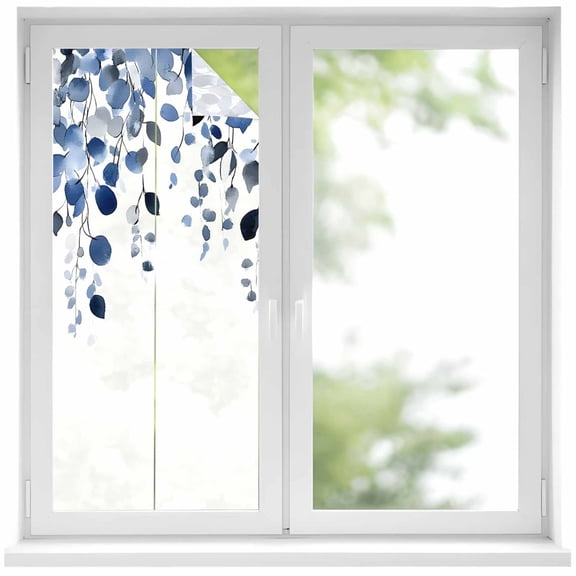 Blue Eucalyptus Leaves Privacy Window Film, Decorative Frosted Glass Window Film, Summer Botanical Watercolor Reusable Peel and Stick Static Cling for Home Bathroom Office Glass Door 17.7"x39.3"