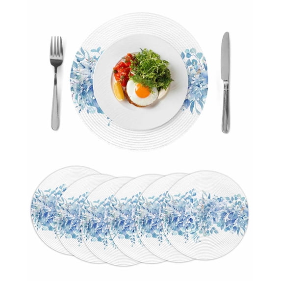 Blue Eucalyptus Leaves Round 13 Inch Placemats Set of 6, Spring Summer Botanical Floral HeatResistant Non Slip Place Mats for Dining Table, Wipeable Braided Kitchen Table Mats for Housewarming
