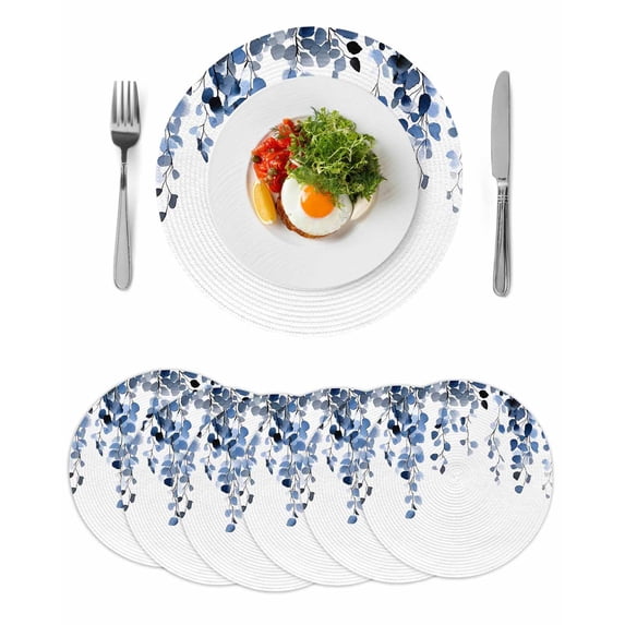 Blue Eucalyptus Leaves Round 13 Inch Placemats Set of 6, Weeping Spring Botanical Summer HeatResistant Non Slip Place Mats for Dining Table, Wipeable Braided Kitchen Table Mats for Housewarming