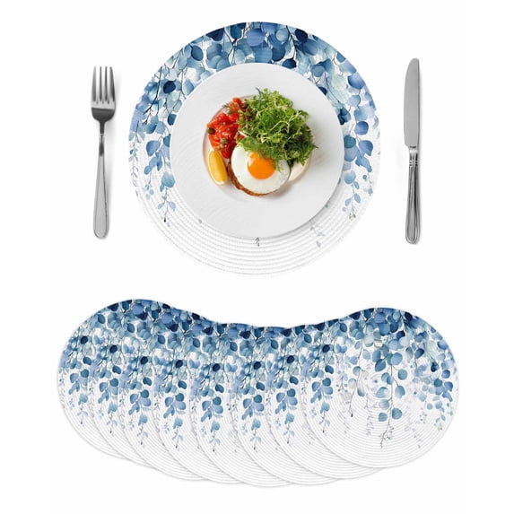 Blue Eucalyptus Leaves Round 13 Inch Placemats Set of 8, Summer Botanical Weeping HeatResistant Non Slip Place Mats for Dining Table, Wipeable Braided Kitchen Table Mats for Housewarming