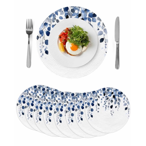 Blue Eucalyptus Leaves Round 15 Inch Placemats Set of 8, Summer Botanical Watercolor HeatResistant Non Slip Place Mats for Dining Table, Wipeable Braided Kitchen Table Mats for Housewarming