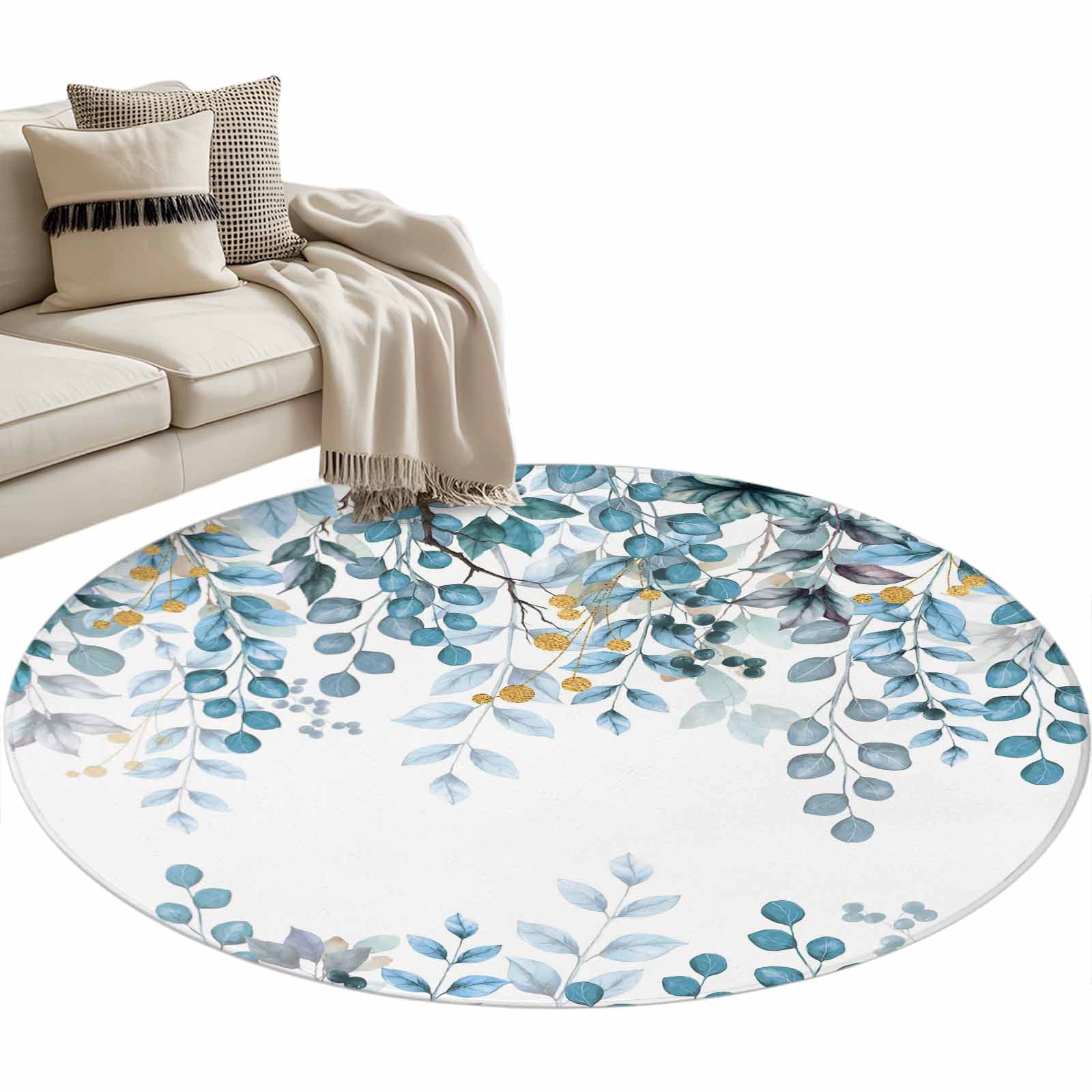Blue Eucalyptus Leaves Round Area Rug 4ft, Farmhouse Watercolor Floral ...