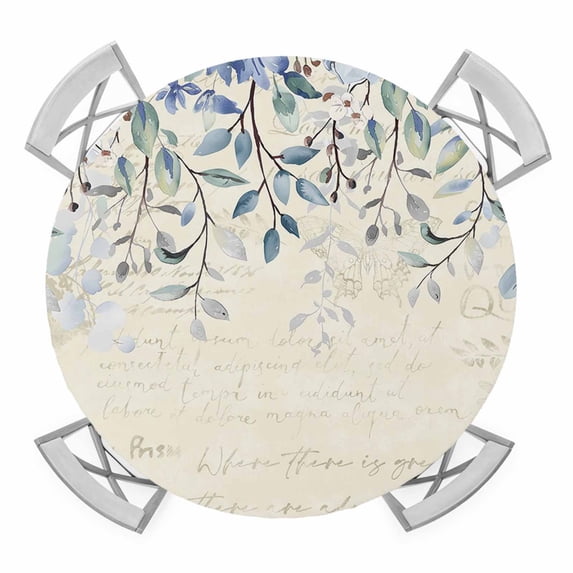 Blue Eucalyptus Leaves Round Fitted Tablecloth with Elastic Edge, Waterproof Table Cloth Table Cover for 36"-44" Tables, Farmhouse Retro Botanical Floral Tablecloths for Dining Picnic Indoor Outdoor