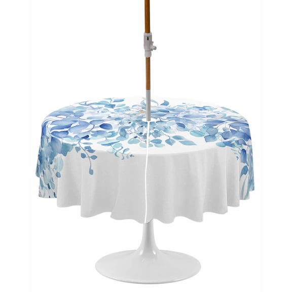 Blue Eucalyptus Leaves Round Outdoor Tablecloth, Waterproof Table Cloth Cover with Umbrella Hole and Zipper, Spring Summer Botanical Floral Table Protector for Patio Party Picnic 54" Round