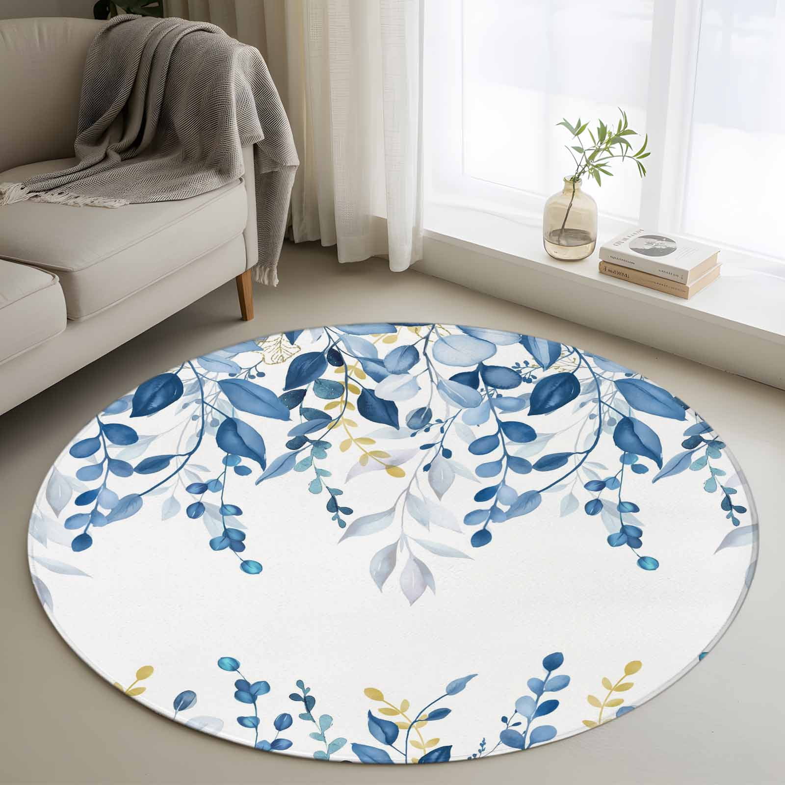 Blue Eucalyptus Leaves Round Rugs 4ft, Farmhouse Botanical Watercolor ...
