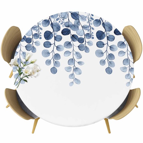 Blue Eucalyptus Leaves Round Tablecloth 36-44 Inch Round Fitted Table Cloth with Elastic Edge, Watercolor Floral Leaf Plants Waterproof Table Cover Protector for Outdoor Picnic Party Dining