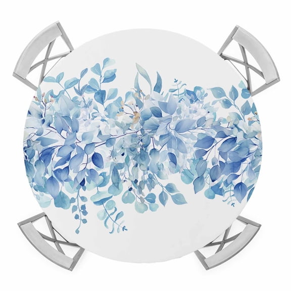 Blue Eucalyptus Leaves Round Tablecloth for 45-54 Inch Tables,Fitted Table Cover with Elastic Edge,Spring Summer Botanical Floral Waterproof Outdoor Table Cloth Protector for Patio Garden Dinner