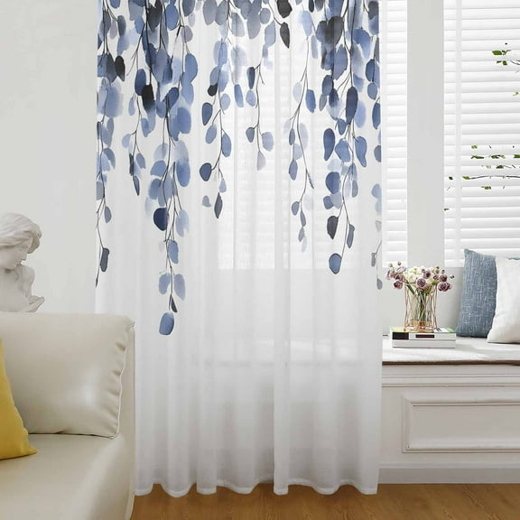 Blue Eucalyptus Leaves Semi Sheer Curtains Drapes for Living Room, Bedroom, French Doors Window 45 Inches Long, Weeping Spring Botanical Summer Rod Pocket Chiffon Curtain Drapery Voile Drape Panel