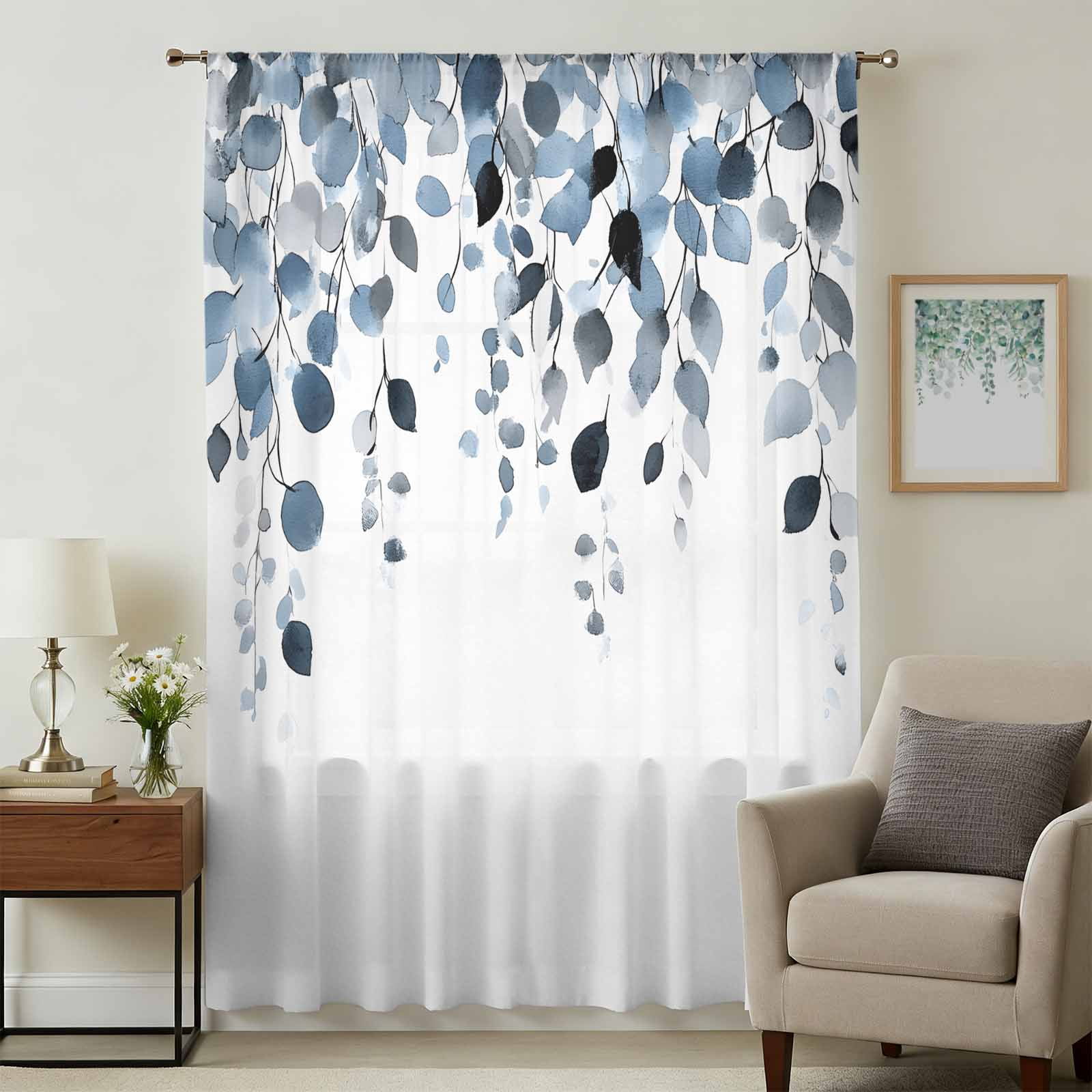 Blue Eucalyptus Leaves Sheer Curtains 108 Inches Extra Long, Watercolor ...
